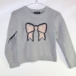 Moon & Stars Girls Gray Knit Sweater Pink Fuzzy Bow Graphic Pullover Size S‎ 7/8